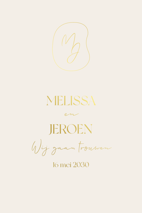 Trouwkaart beige met organisch monogram en goudfolie