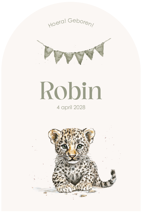 Boogvormig geboortekaartje met luipaard en vlaggenlijn groen