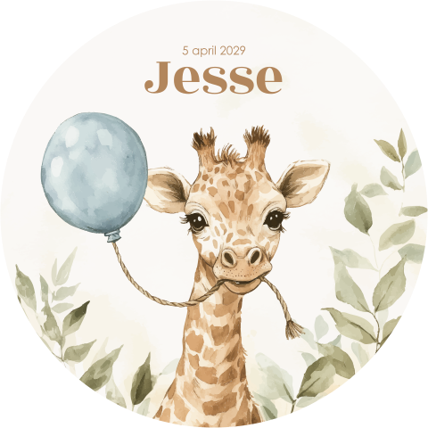 Rondvormig geboortekaartje jongen met blauwe ballon en giraffe