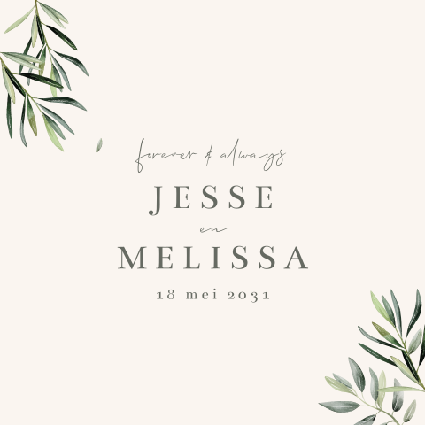 Botanische trouwkaart met olijftakjes en monogram