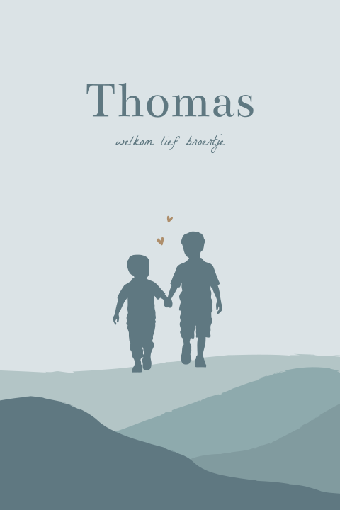 Stoer geboortekaartje heuvellandschap petrol broertjes