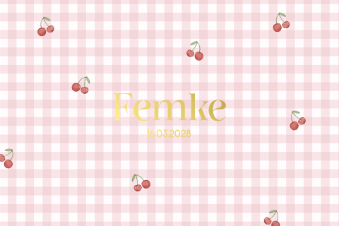 Geboortekaartje roze ruitprint met kersjes en goudfolie