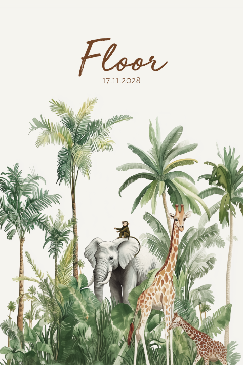 Jungle geboortekaartje olifant en giraffen tussen palmbomen