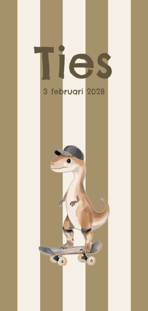 Geboortekaartje streepprint groenbruin met dino op skateboard