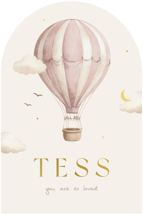 Geboortekaartje meisje met roze luchtballon en goudfolie