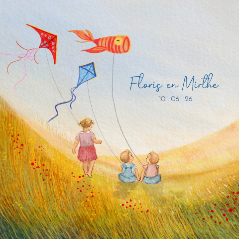 Geboortekaartje voor een tweeling: vliegeren samen met zus of broer