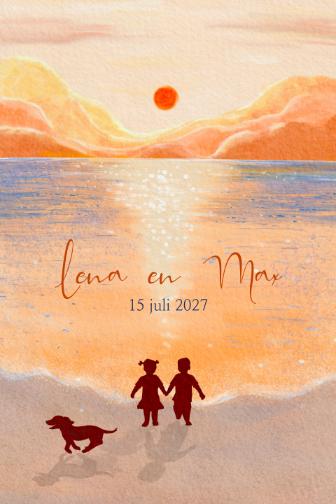 Geboortekaartje spelende tweeling bij ondergaande zon.