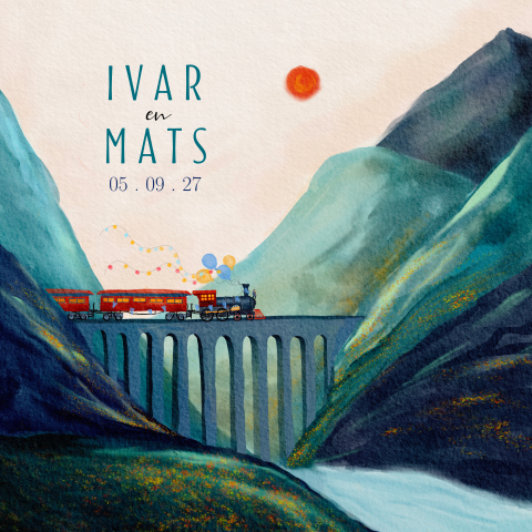 Geboortekaartje voor een tweeling met een trein in berglandschap