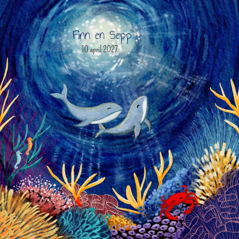 Geboortekaartje voor een tweeling onderwaterwereld met walvissen