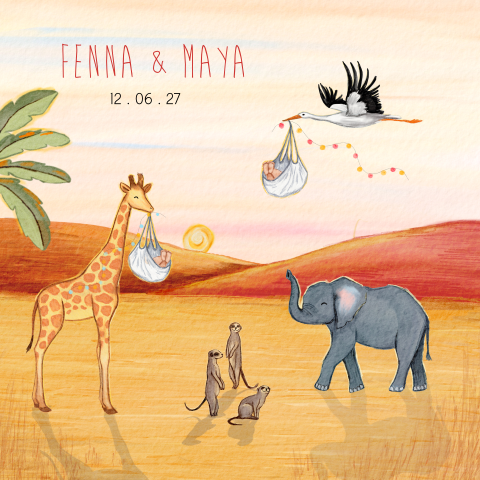 Geboortekaartje voor een tweeling met ooievaar vliegt over de savanne