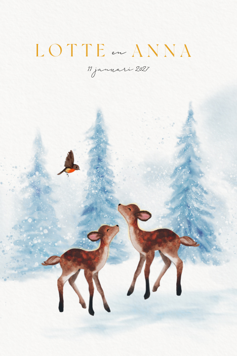 Winters geboortekaartje voor een tweeling met hertje en roodborstje