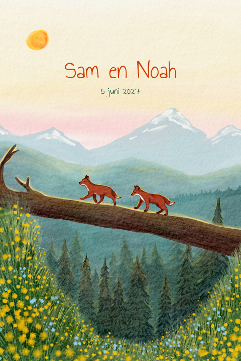 Geboortekaartje voor een tweeling met parade vosjes op een boomstam