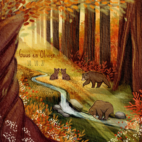 Geboortekaartje voor een tweeling met familie beren in een herfstbos