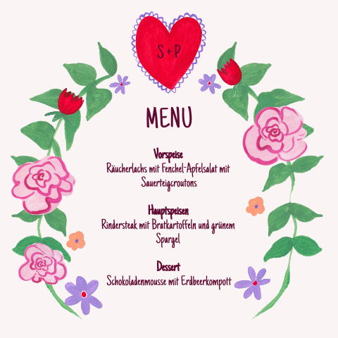 Menükarte mit gemalten Rosen und Herzen - Blumenkranz der Liebe