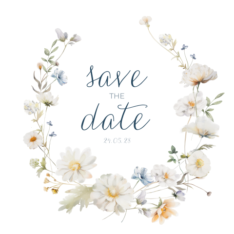 Save-the-Date Karte mit weißem Blumenkranz - Serene Garden