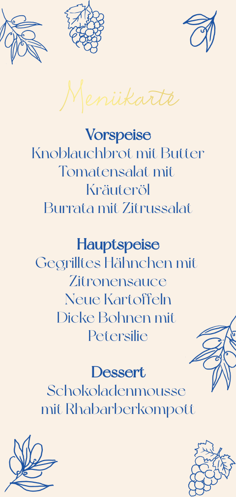 Menükarte mit blauen Zeichnungen - Tuscan Vows