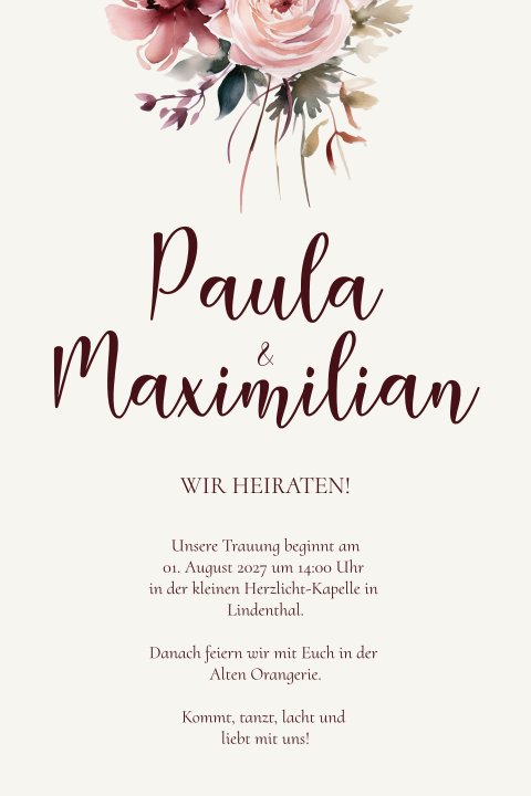 Hochzeitseinladung mit Blumen in altrosa - Burgundy Bloom 