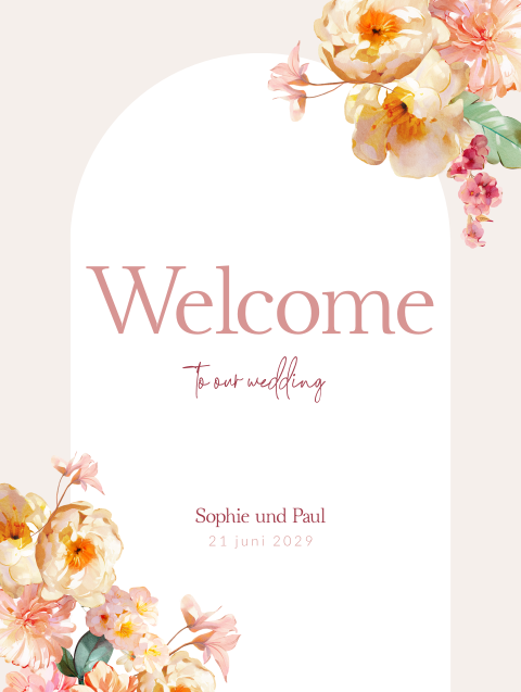 Willkommensschild mit orangen Aquarell-Blumen - Romantic Peach