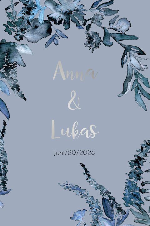 Hochzeitseinladung mit blauen Blumen und Silberfolie - Royal Blue