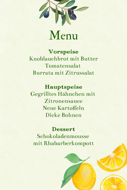 Menükarte mit handgemalten Zitronen - Olives & Lemons