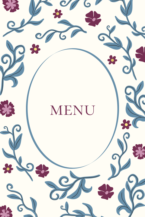 Menükarte mit Blumenmuster in blau & lila - Floral Elegance