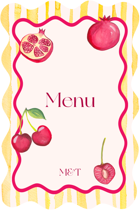 Menükarte mit gelben Streifen & Kirschen - Fruchtcocktail