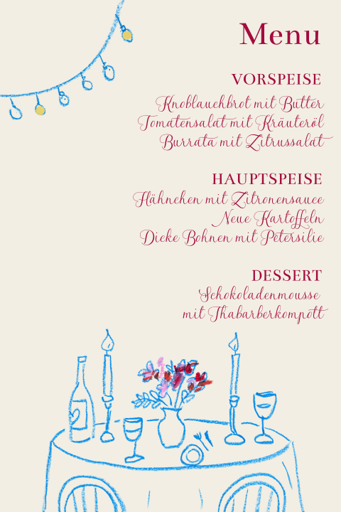 Menükarte mit blauen Zeichnungen - Drawn with Love