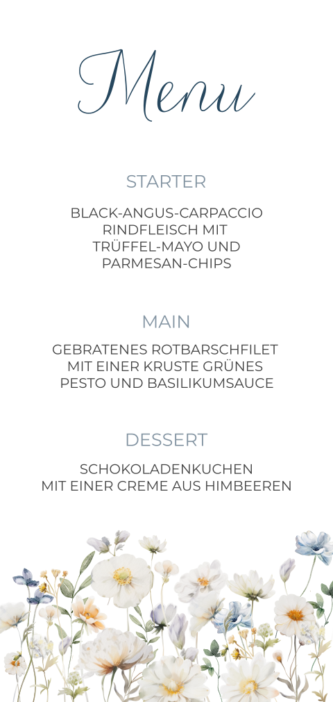 Menükarte mit eleganten Aquarell-Blumen in blau - Serene Garden