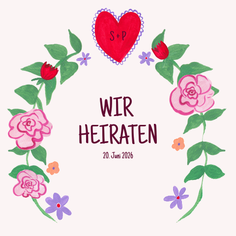 Hochzeitseinladung mit Rosen und Herzen - Blumenkranz der Liebe
