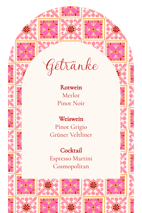 Getränkekarte mit rosa-orangen Ornamenten - Spanische Fliesen