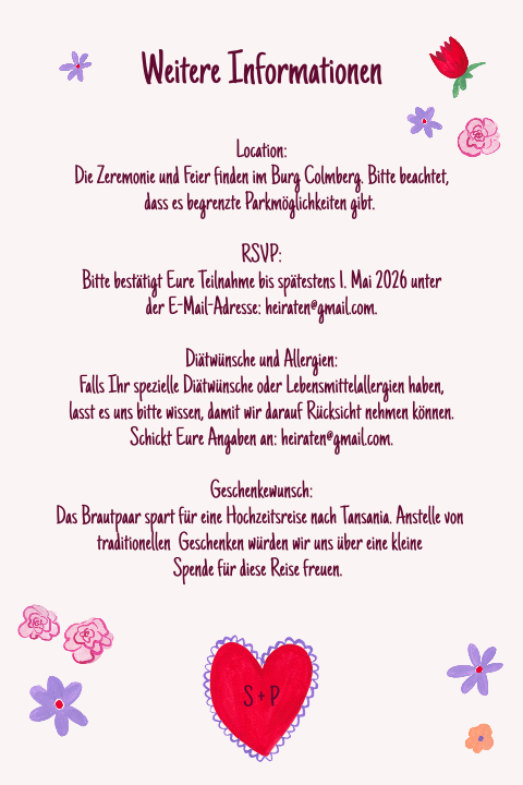 Zusatzkarte mit gemalten Rosen und Herzen - Blumenkranz der Liebe