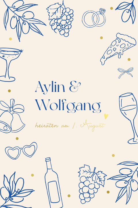 Hochzeitseinladung mit blauen Zeichnungen - Tuscan Vows