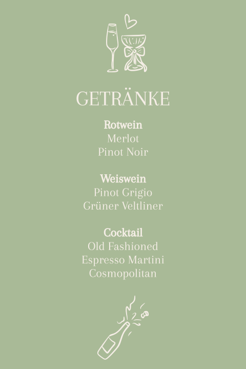 Getränkekarte in grün mit Hochzeitszeichnungen - Green Bliss