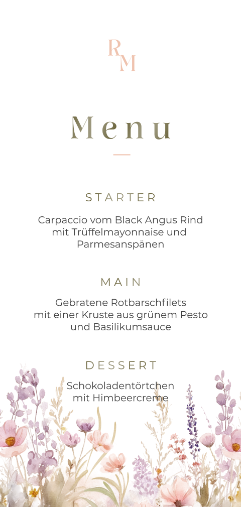Menükarte mit sanften Aquarell-Blumen - Summer Chique