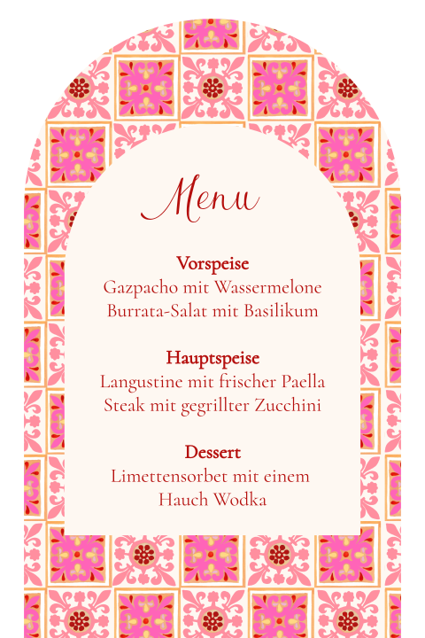 Menükarte mit rosa-orangen Ornamenten - Spanische Fliesen