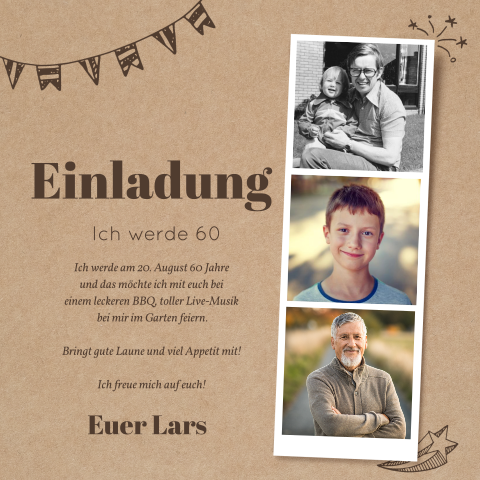 Einladungskarte 60. Geburtstag: Polaroid Trio 60 mit Fotos in Kraft Look