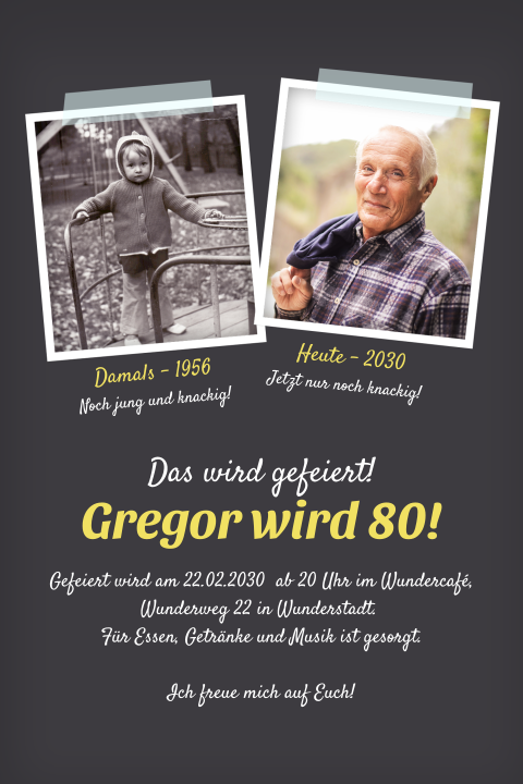 Einladungskarte 80. Geburtstag: Damals und Heute mit Fotos in Grau