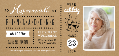 Einladungskarte 80. Geburtstag: Kraft Ticket mit Foto in Kraft Look