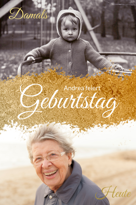 Einladungskarte 70. Geburtstag: Goldrausch mit Fotos in Weiß