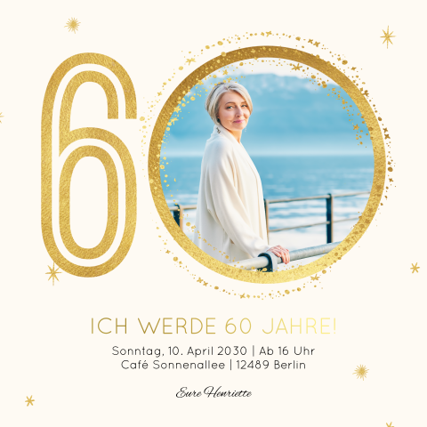 Einladungskarte 60. Geburtstag: Goldene Jahre - 60 mit Foto in Creme