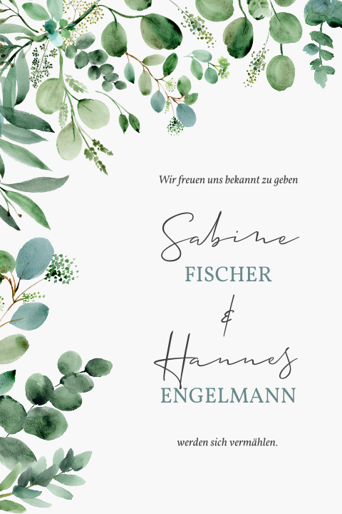 Einladungskarte Hochzeit: Greenery in Weiß