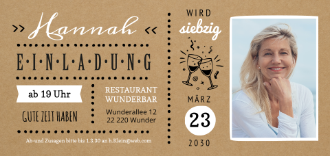 Einladungskarte 70. Geburtstag: Kraft Ticket mit Foto in Kraft Look