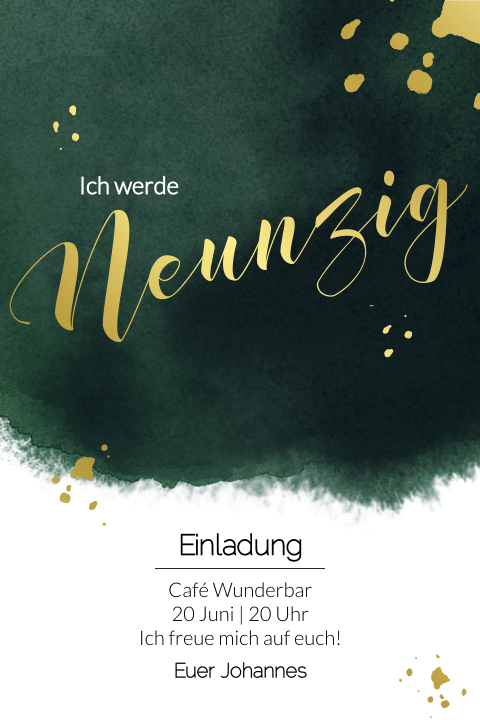 Einladungskarte 90. Geburtstag: Goldene Feier in Grün