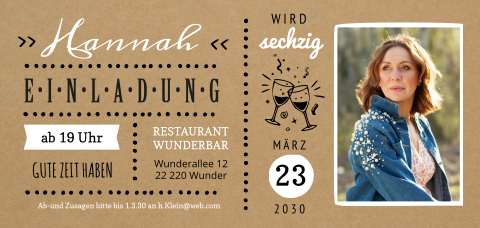 Einladungskarte 60. Geburtstag: Kraft Ticket mit Foto in Kraft Look
