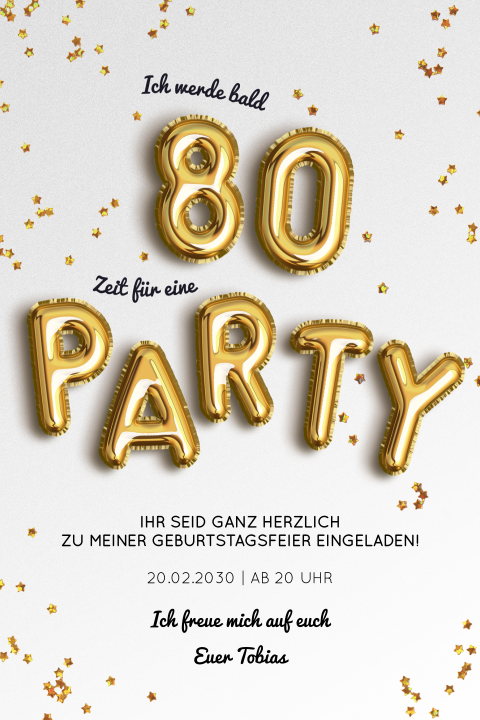 Einladungskarte 80. Geburtstag: Partyballon 80 in Weiß