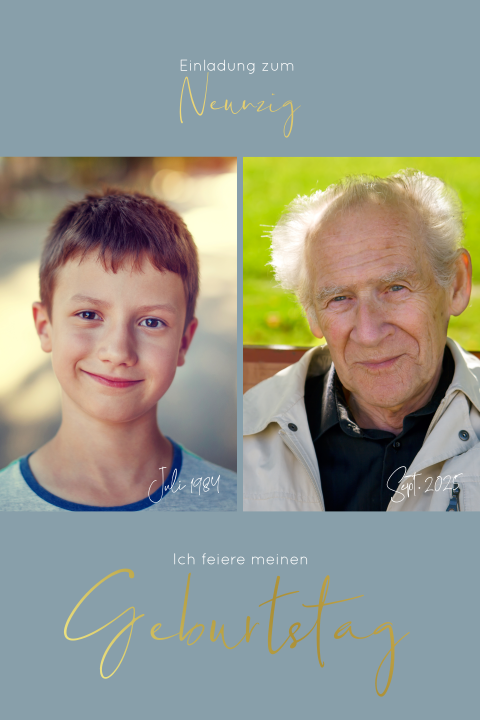 Einladungskarte 90. Geburtstag: Zwei Bilder mit Datum mit Fotos in Blau