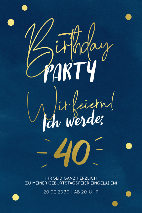 Einladungskarte 40. Geburtstag: Große Zahl 40 in Blau