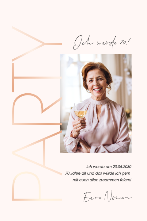 Einladungskarte 70. Geburtstag: Edle Party mit Foto in Rosa
