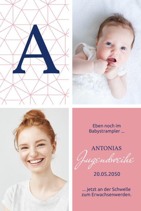 Einladungskarte Jugendweihe: Initial mit Fotos in Pink