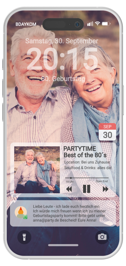 Einladungskarte 80. Geburtstag: Smartphone Homescreen mit Fotos